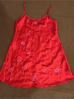 Inner Most Red with Hearts Satin Lace Slip Dress Nightgown Size M Y2K Aesthetic
